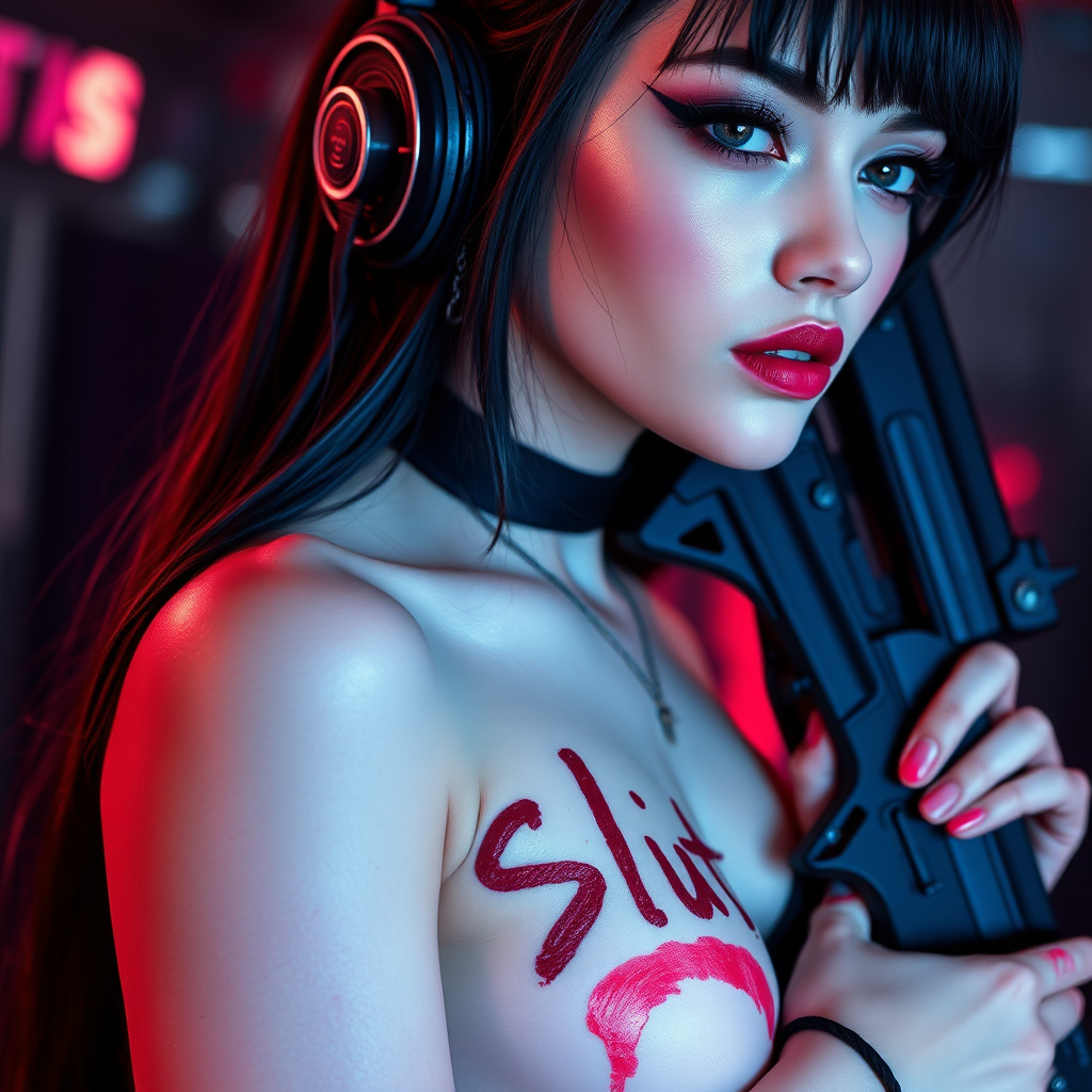 Real detailed full body photo of Sexy cyberpunk waifu, real life, “slut” written in lipstick on her skin, she is holding a huge gun