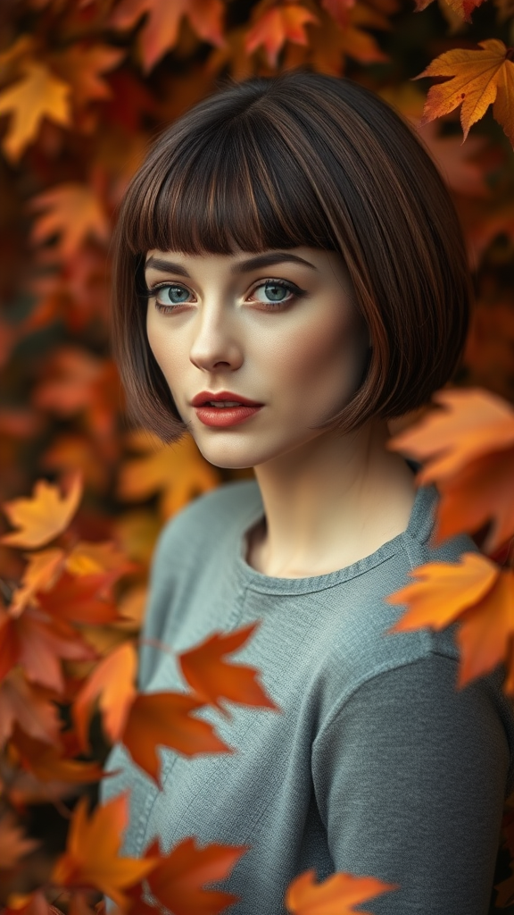 Beautiful model Anne Hathaway with a square bob haircut, surrounded by autumn foliage, in high definition.