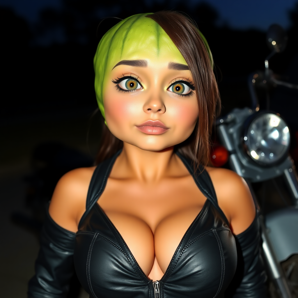 A cucumber with big eyes, a lazy look, a leather outfit with a deep neckline, large breasts, a motorcycle in the background, it is getting dark.