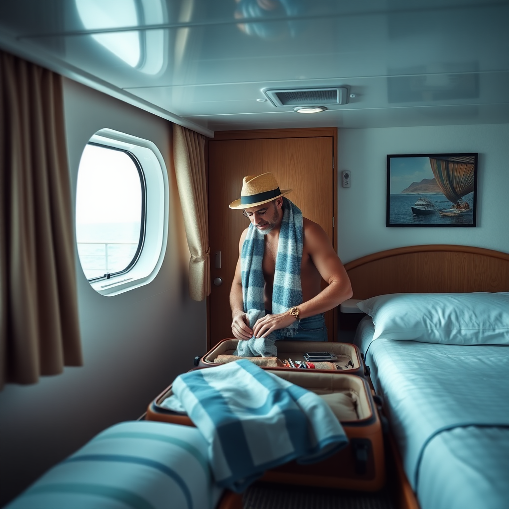 create a photo realistic image of a tourist in a cruise ship cabin sneaking into his suitcase a towel. Make the image rectangle and not square