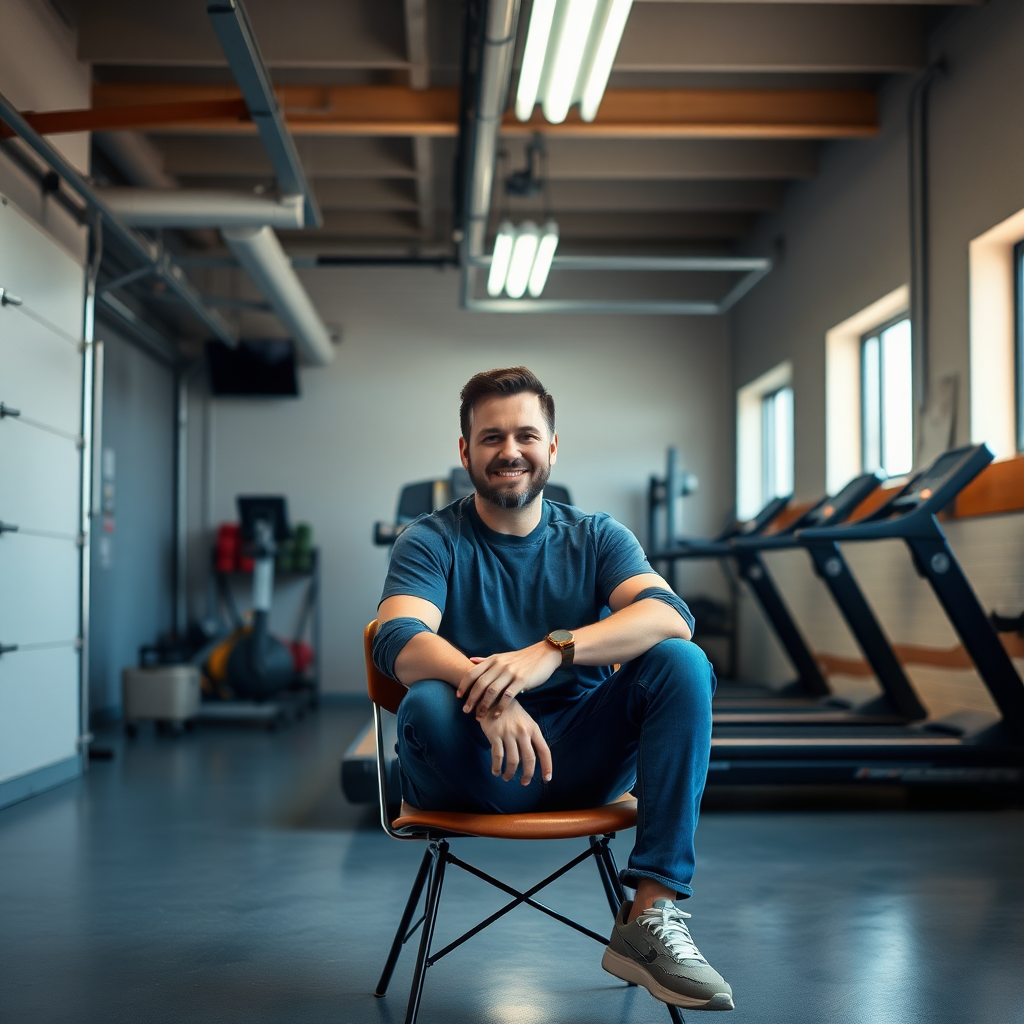 Picture of a man sitting on a chair in the corner of a well-lit garage in front of a treadmill, looking into the camera with a friendly expression, medium shot, commercial bright lighting, ultra-realistic.