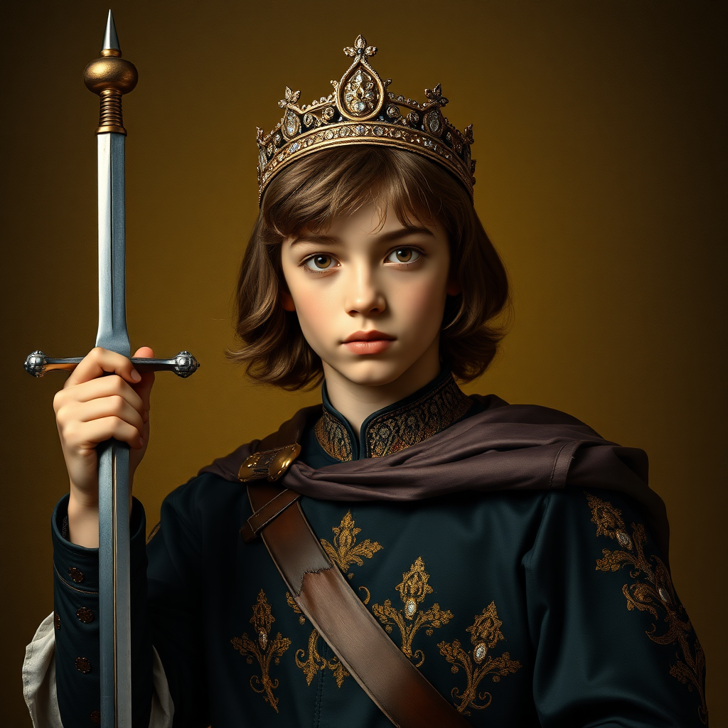 16yo teen boy prince holds his one small sword in a scabbard in his right hand by the hilt, long bob cut, embroidered with gold and diamonds medieval cloths, diamond diadem, and Beautiful War, natural Skin Texture, visualization of embossed Skin using the play of light and shadow. Free style by 50% Adolphe William Bouguereau and 15% Sandro Botticelli and 35% Otto Lomüller, The background is in the style of landscape style by Antonio del Polaiolo.  Studio lighting, professional lighting. Generating the signature at the bottom: FluxBach. ultra high resolution, 16K,