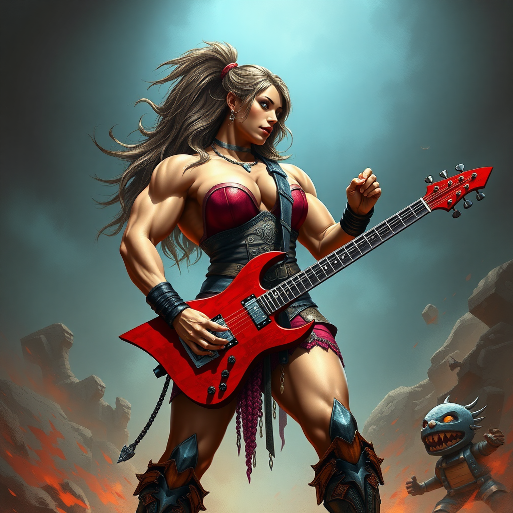 massive huge strong jacked muscular bodybuilder, strapless dress, warrior princess, playing rock red guitar