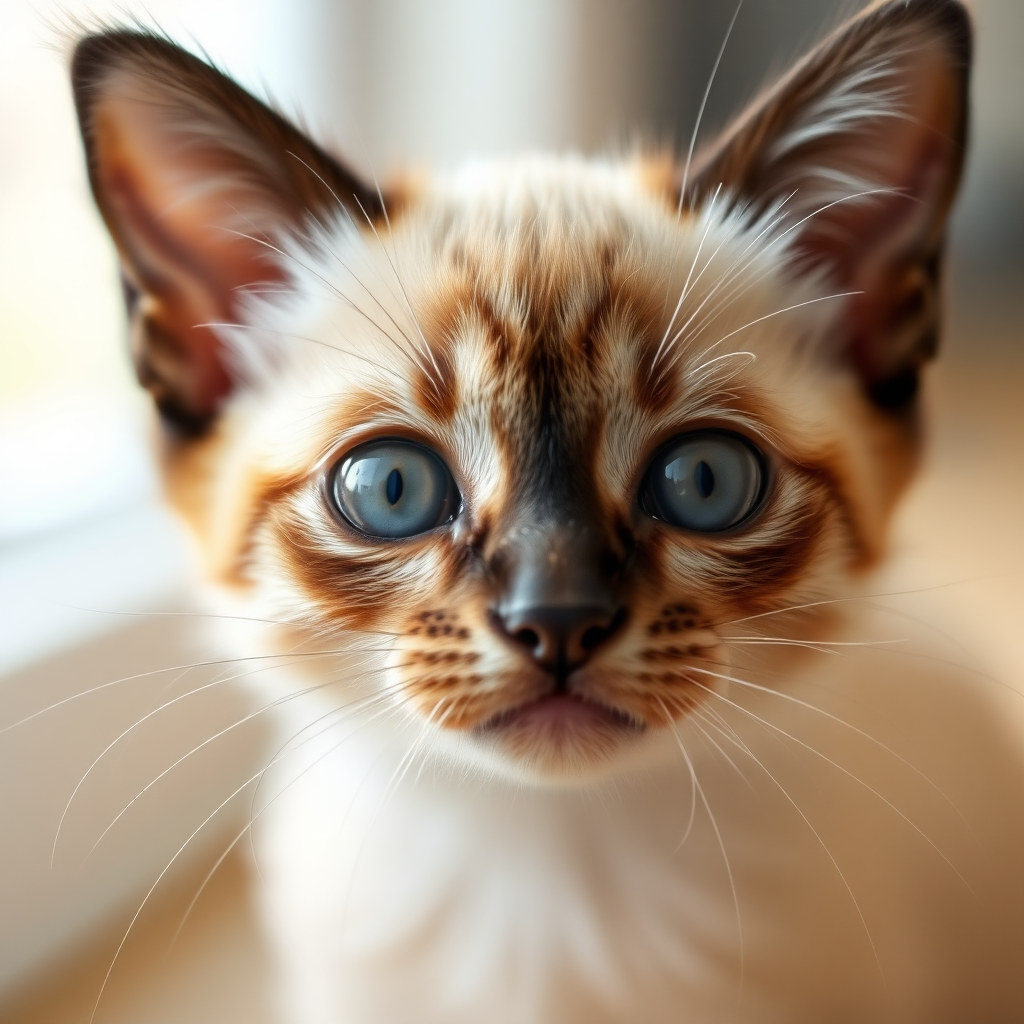 closeup of a siamese kitten's face while it looks closely at the camera