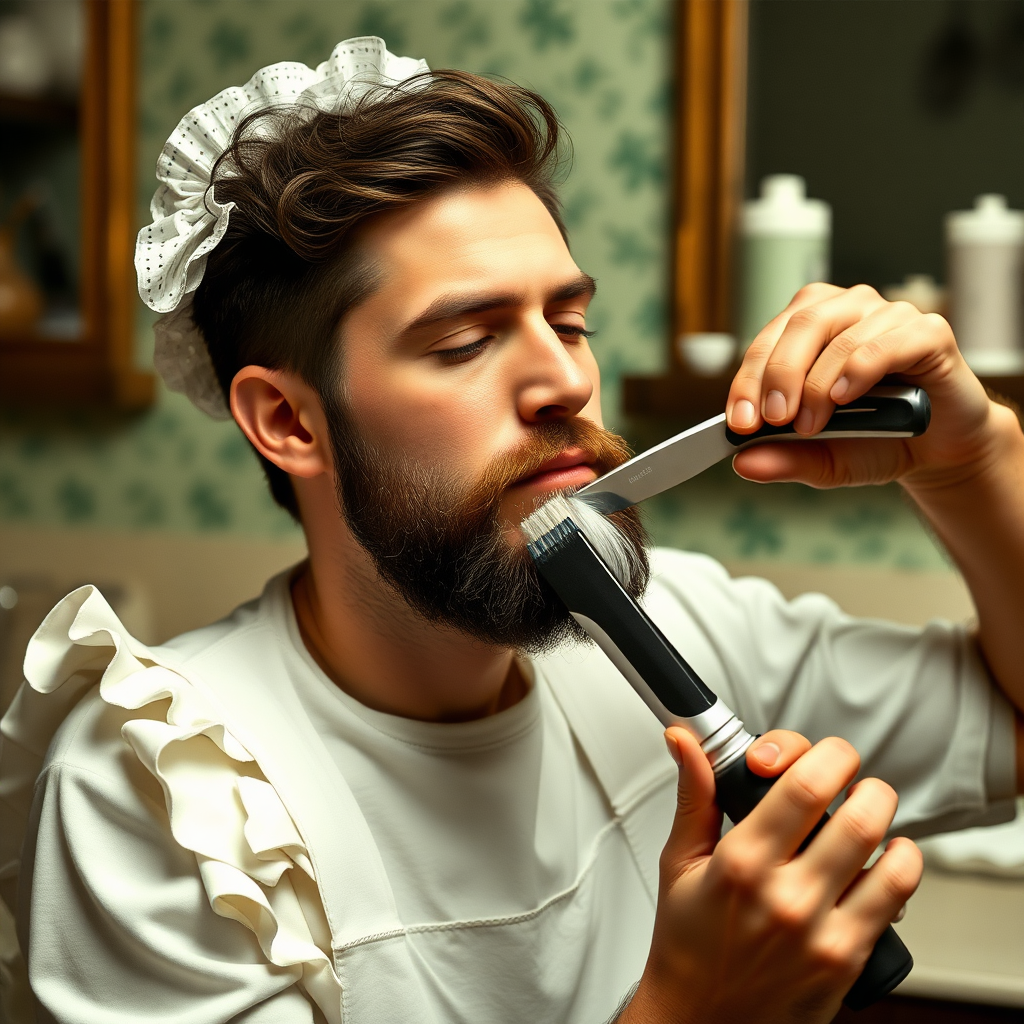 french maid, shaving a man's beard