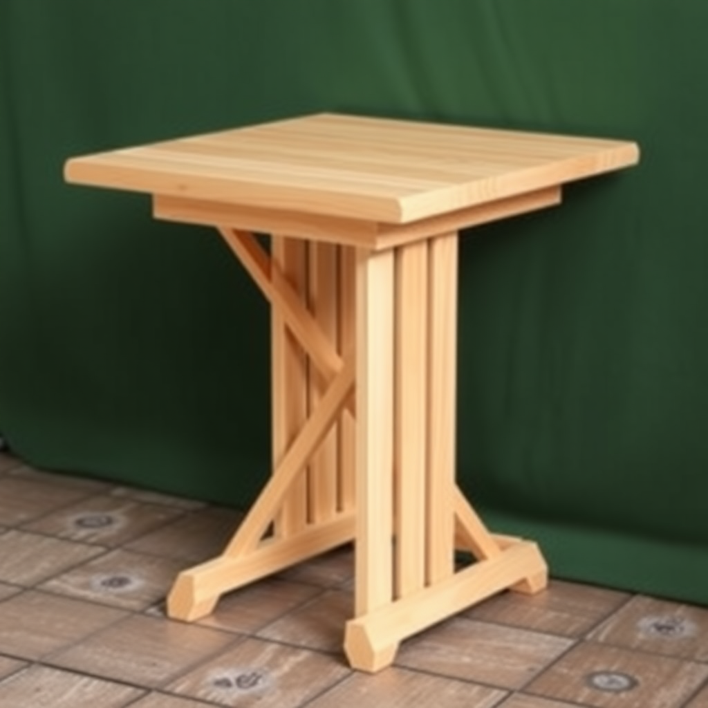 folding wooden table approximately 1 meter square top surface, with a 2 inch edging that is sitting on top around the perimeter.