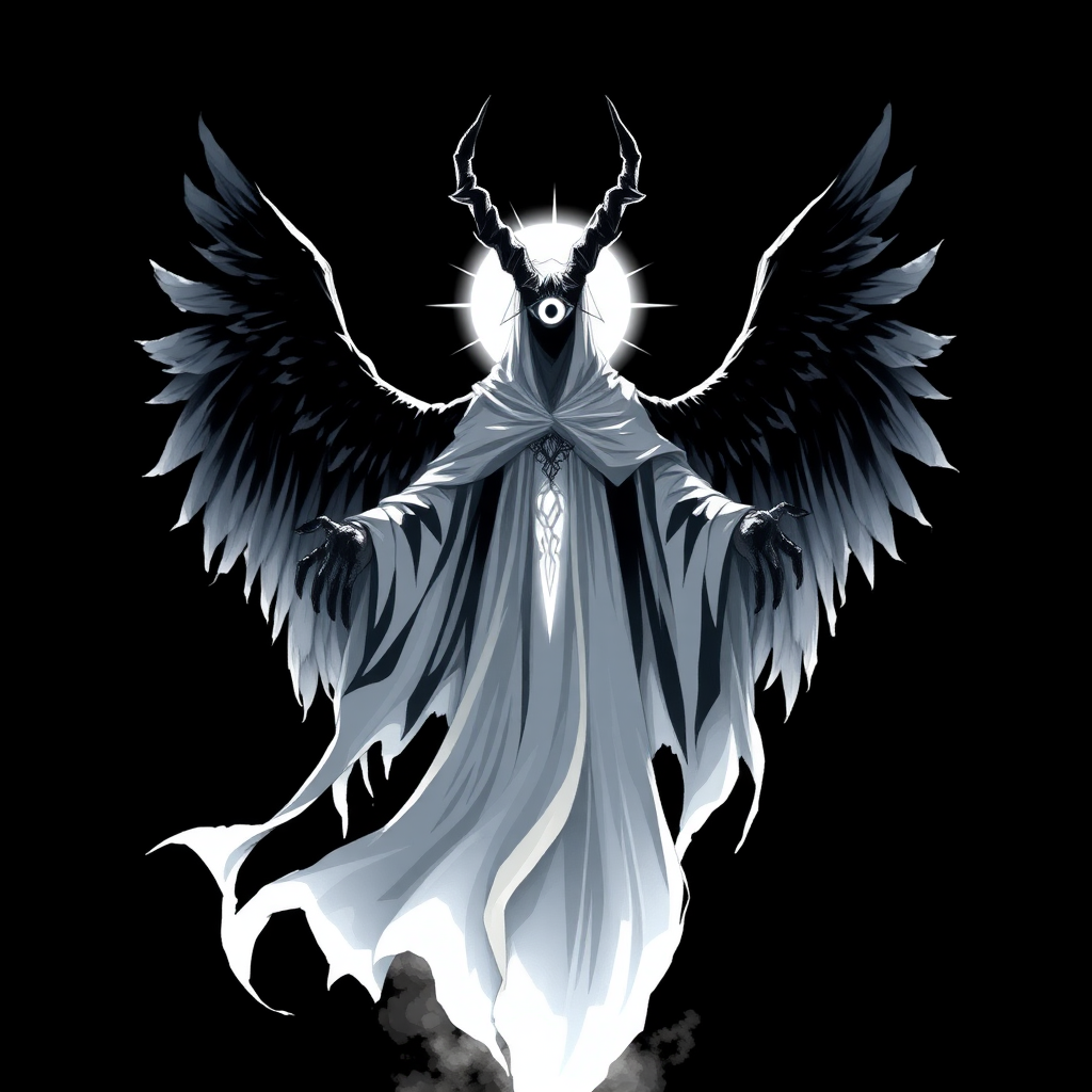 (Anime Pixel-styled art) Black background, the eerie figure of Yaldabaoth, the Demiurge, emerges in stark contrast. Towering and ghost-like, his form is tall and ethereal, a spectral white silhouette that seems to glow with an unsettling luminescence. His face is hidden beneath frontside a strange and eerie circular light, radiant and blinding, with a single eye symbol hauntingly suspended within the glow. His head is crowned by four jagged, imposing horns, adding to his menacing yet angelic presence. Draped in flowing robes of white and black, Yaldabaoth's appearance straddles the line between celestial and terrifying. Four majestic angel wings unfurl from his back, their divine beauty twisted by the sinister aura that surrounds him. Floating effortlessly in mid-air, his entire form is visible—a full-body view as his arms extend outward, as if preparing to unleash a powerful, otherworldly force. His presence commands awe and fear, a terrifying blend of celestial grace and eerie malevolence.