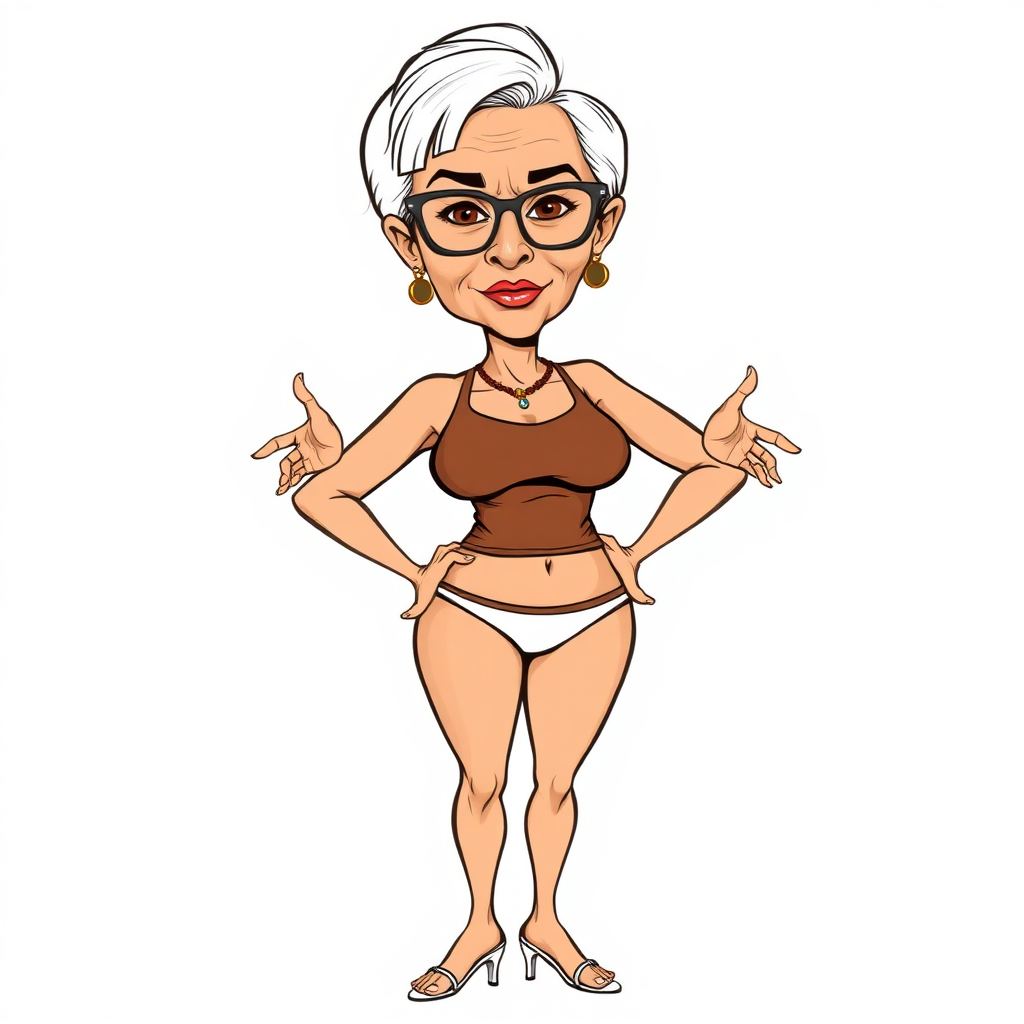 a towering 55 Years old, fit, slim, European, Latina, sharp aquiline nose, wrinkles, high cheekbones, Middle Eastern, Skinny, Tanned skin, Dark light skin, Rounded Medium breasts, Skinny thighs, full Makeup, jewelry, Serious face, Sharp nose, Ash hair, short bowl haircut, Brown eye color, Glasses, with detailed features. Hands on hips, she is wearing a brown tight tank top and tight white thong, detailed fabric.  full body, high heels sandals, she is gesturing at the viewer, 
long establishing shot, 2D, caricature, cartoon, Sketch lines, coloring book, black and white, coloring book style on white background, well composed, clean coloring book page, No dither, no gradient, strong outline, No fill, No solids, vector illustration, realistic proportions