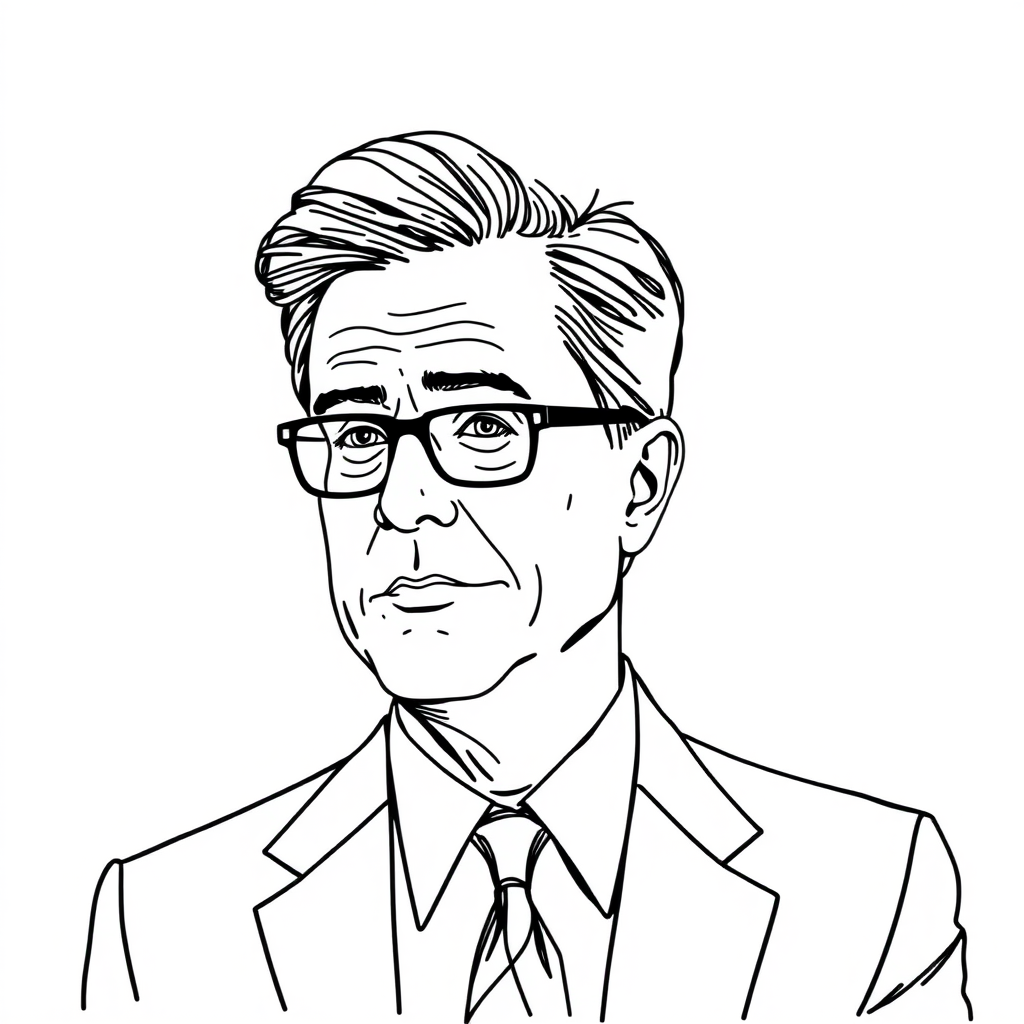 black and white thin lightweight detailed line vector illustration sketch of Stephen Colbert