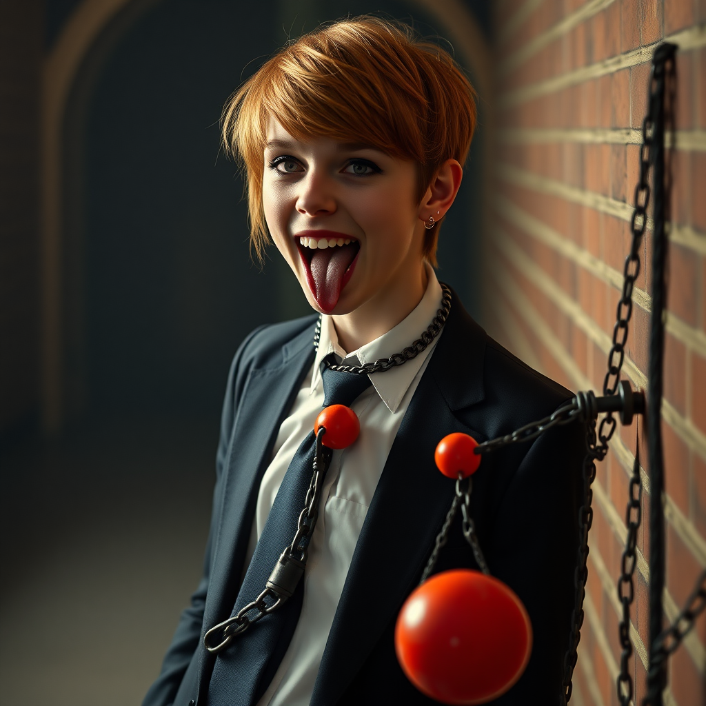 photorealistic, ultra high resolution, 16K, surreal fantasy, soft studio lighting, Tyler Swift is a pretty 18 year old goth male, slim male physique, auburn hair, goth makeup, earrings, shiny black pantyhose, school uniform shirt tie and blazer, Mary-Jane shoes, spikey neck collar chain and leash, red ball-gag, in a dungeon, the end of the leash is chained to the wall, in daylight, excited open mouth smile, drooling a stream of saliva, facing the camera.