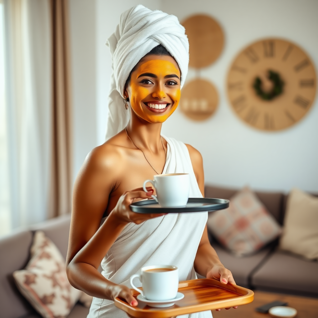 slim, 30 year old, indian Bride, towel head, turmeric face mask. She is smiling and serving coffee on a tray in living room.