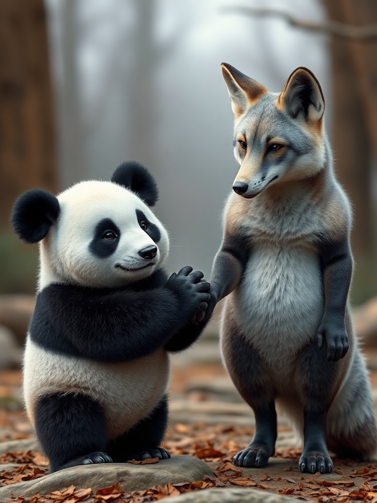 A photorealistic picture of a panda and a silver fox holding hands.