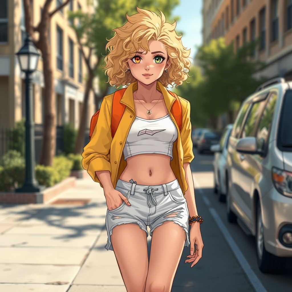 Realistic drawing style image, Extremely good quality 8k resolution drawn manga image of a 15 year old petite and short tomboy girl with golden blonde curly hair with mixed and different colored eyes for each eye and moles on her entire body and is a white American girl, Has on a Gold Jacket over a white extremely short crop top only covering her breasts and nothing more with a design on it, and has on ripped shorts and cool looking sneakers and a deep and big knife cut wound on her stomach from a huge injury she had, with a bright color backpack, ear piercings on, walking on the street to school in the morning with the beautiful sunlight lighting up her body beautifully with no tattoos.