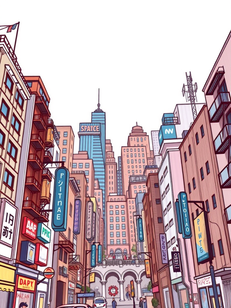 Draw it as if it's real, create a cityscape from a bottom-up perspective.