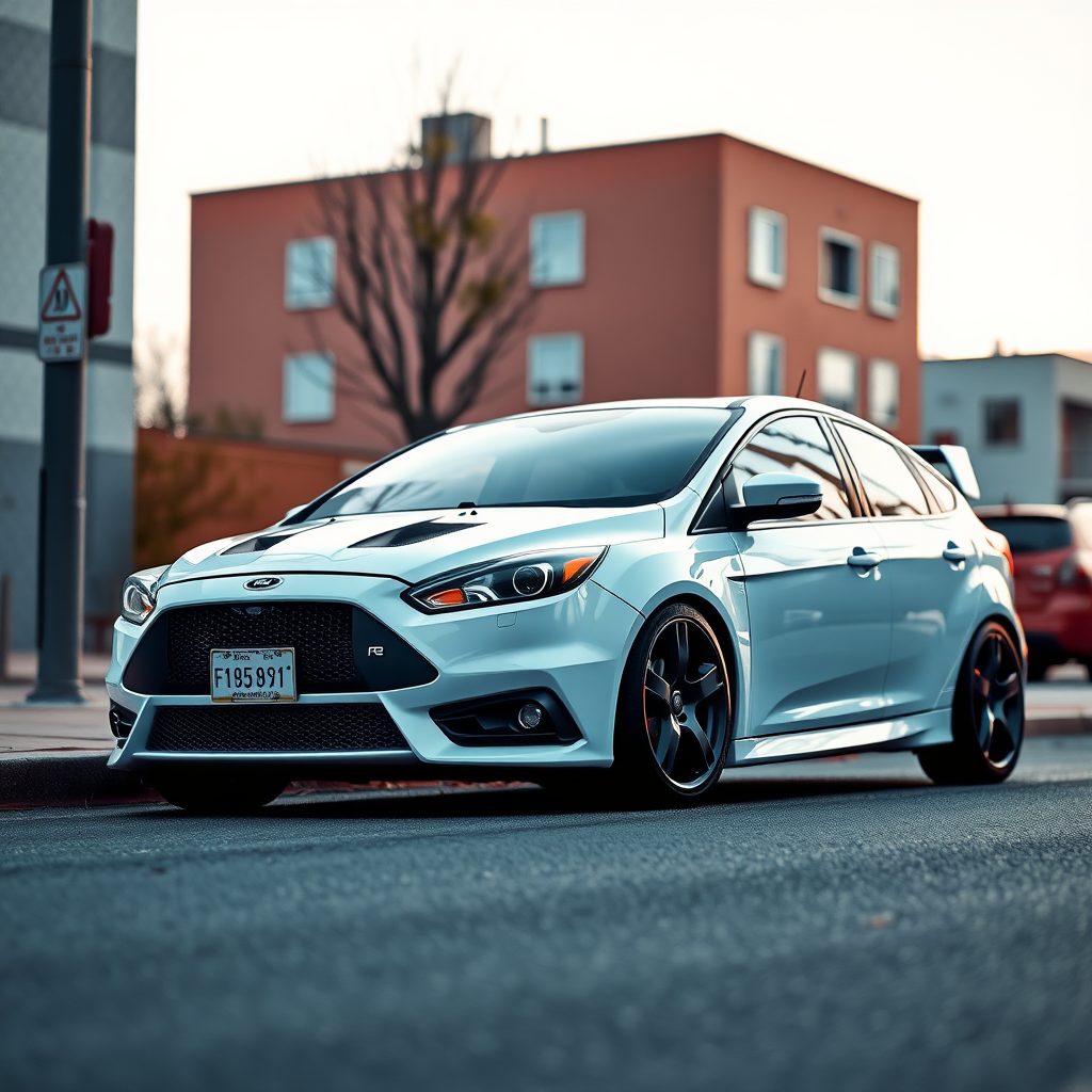 #AIart #flux1 #aiart #aiphotography #photorealism #flux1pro ford focus rs 2009 car is parked on the side of the road, inspired by Taiyō Matsumoto, tumblr, restomod, nd4, c4