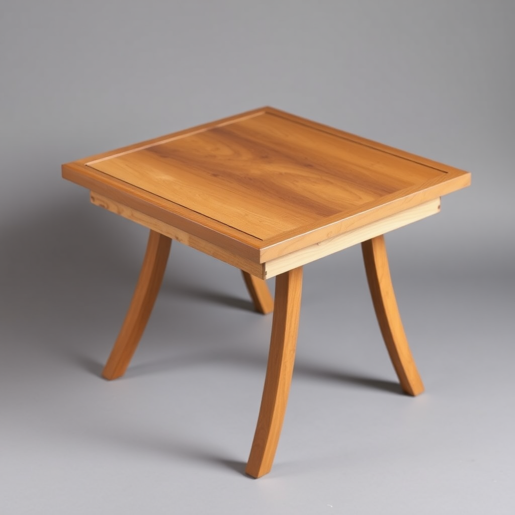 folding wooden table approximately 1 meter square top surface, with a 2 inch edging that is sitting on top around the perimeter.