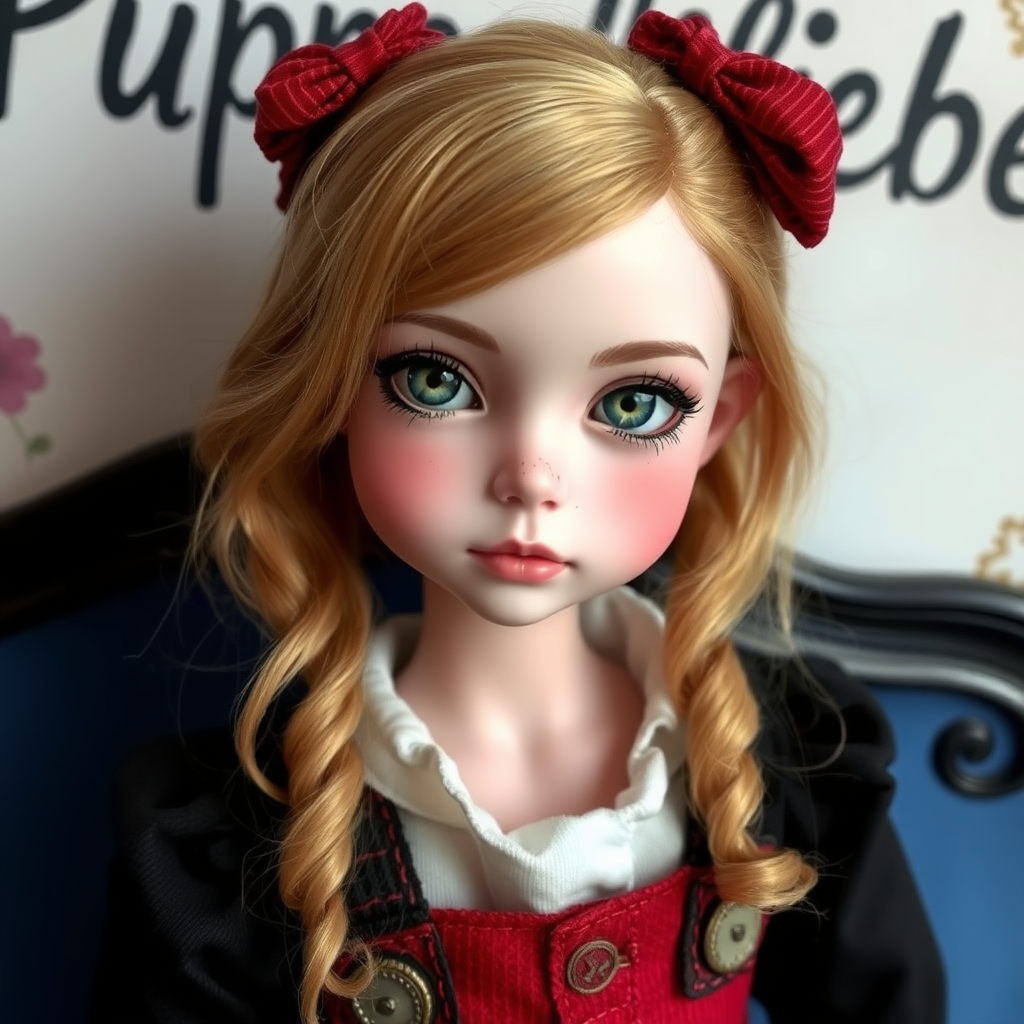 ooak art doll, artist doll, realistic doll, life-like porcelain doll, text on the wall in the background says "Puppenliebe", cool preteen girl, unique personality, original