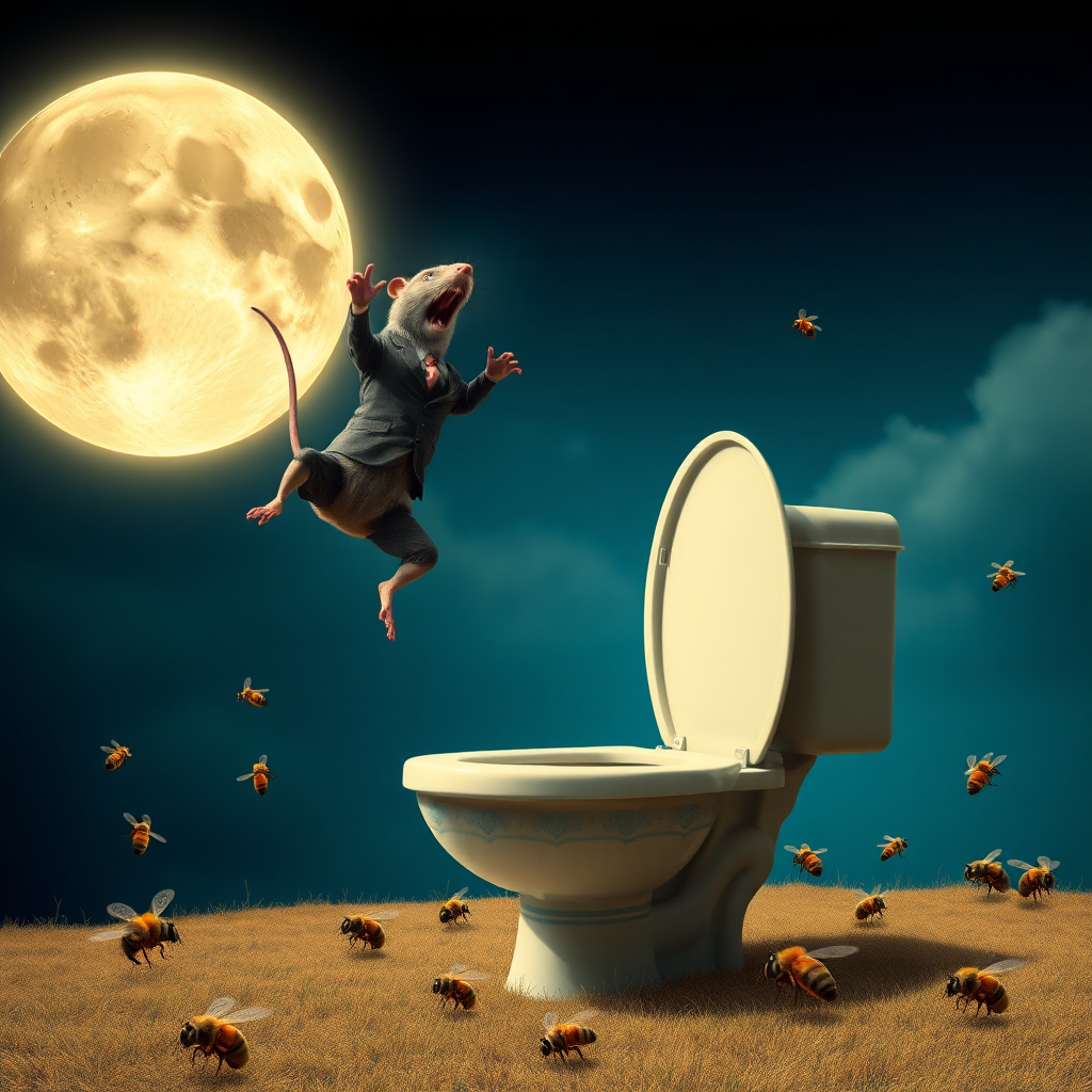 A rat politician diving off the moon into a toilet, bees, 2000s musical movie poster, no text