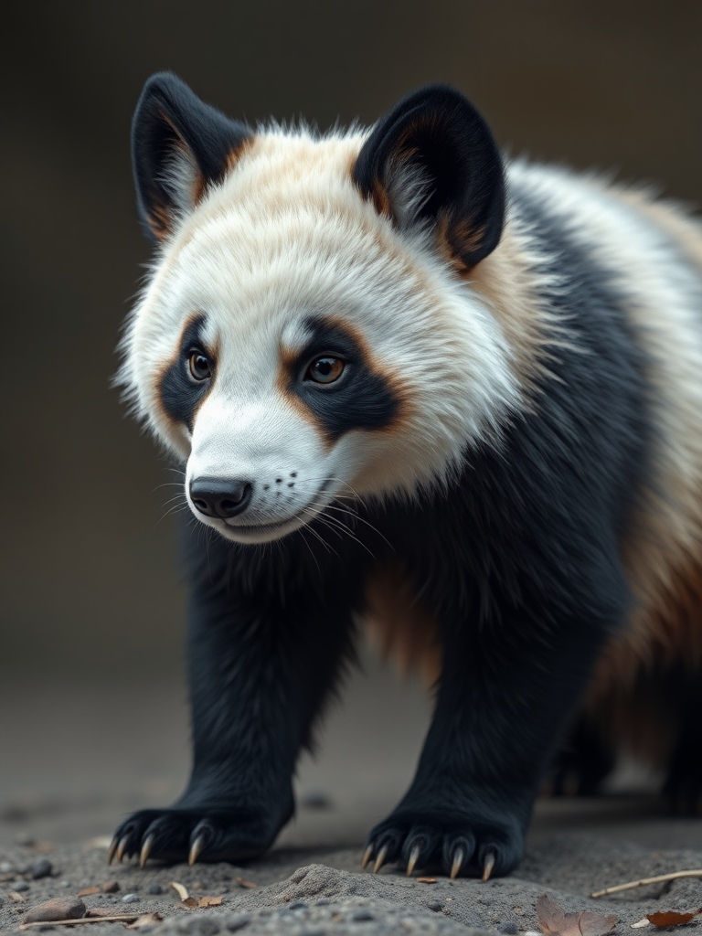 A photorealistic picture of an animal that is a mix of a panda and a silver fox.