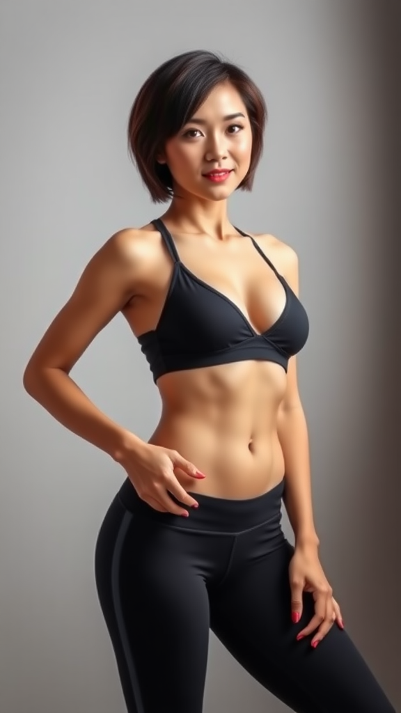 A beautiful Chinese woman, short hair, full figure, small chest, yoga pants.