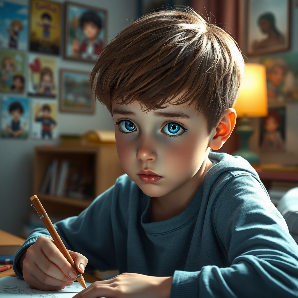 A 12 year old boy. He has blue eyes, brown short hair and he has a concentrated look. He is drawing in his room. He has Anime pictures on his wall. photorealistic, ultra high resolution, 16K,