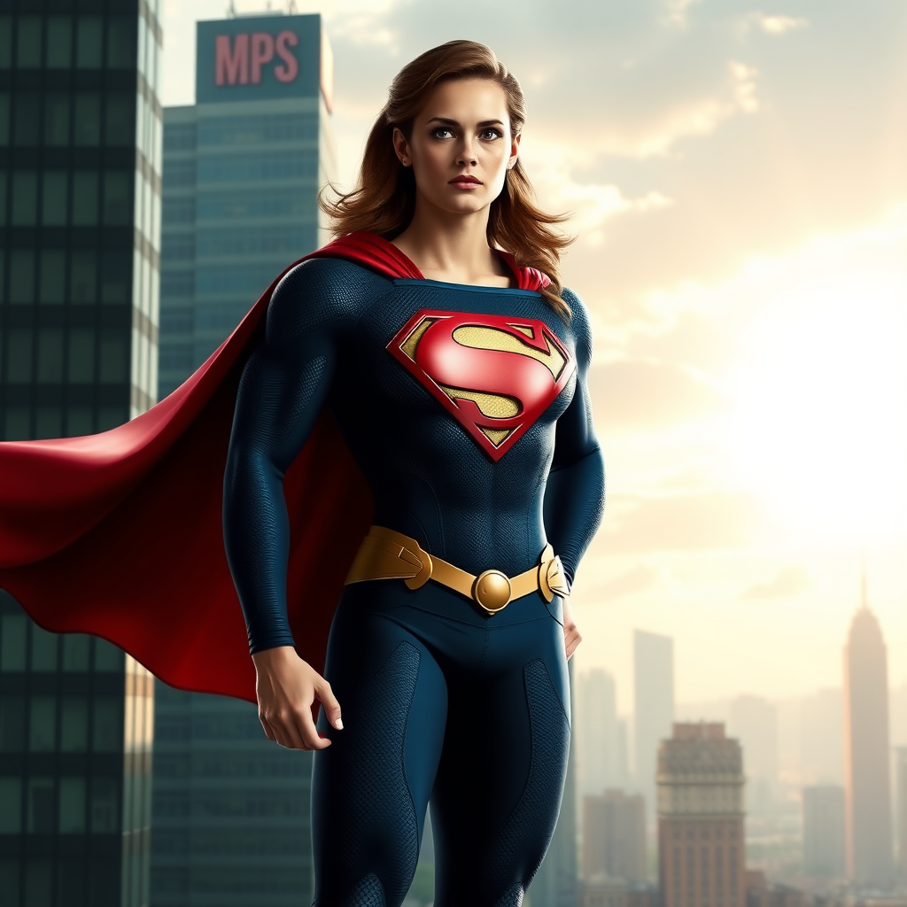 Generate photorealistic full-body image of Superman but reimagine him having Elastigirl's female physique, retaining Superman's head. Adapt iconic costume to fit new form. Set against a blended cityscape inspired by Metropolis' urban skyscrapers and Elastigirl's suburban Parr hometown.