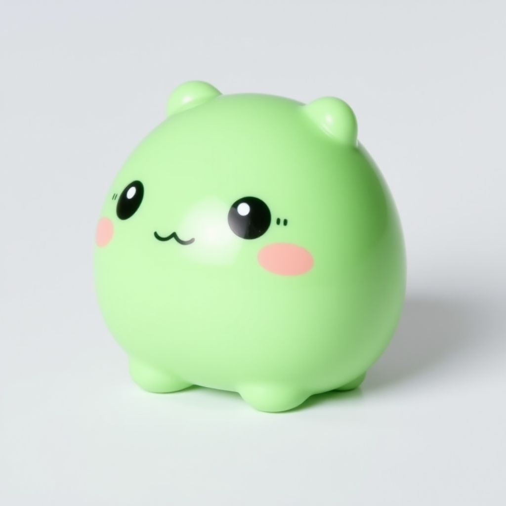 A small, adorable green object with a smooth, glossy surface, soft rounded edges, and a playful design, reflecting a toy-like charm or whimsical nature.