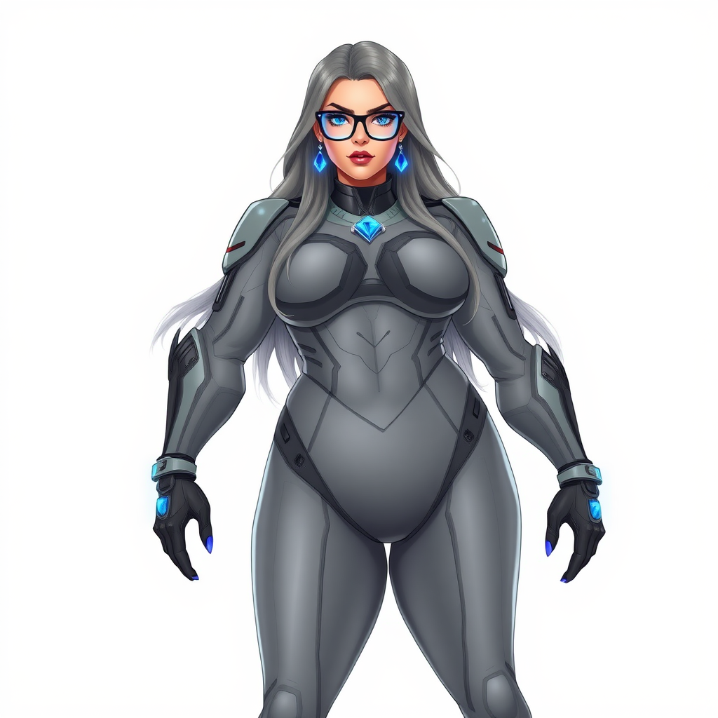 A 29-year-old computer science major, she is the devoted girlfriend of a vigilante and serves as his dotingly pampered, full-figured, nerdy digital sidekick. She is now a Computer Program hybrid, with a unique, metallic Middle Gray (N5) skin color that blends with her suit and hair, appearing to merge together as computer data. Her long hair, suit, and skin are Middle Gray (N5) all blending together to appear to merge as computer data. Her neon blue eyes are mesmerizing. Her full figure, especially her prominent round midsection, shows just how heavily fed and pampered she is, with sequoia-sized limbs and broad shoulders.

As a loyal and supportive sidekick, she plays a crucial role in their missions, using her digital prowess to assist and protect. She wears a blue sapphire scarab necklace and blue sapphire earrings, which she received as symbols of their love before his 5-year disappearance. Her digital and computerized bodysuit, also Middle Gray (N5), blends with her skin and hair (appearing to merge together like computer data). She is equipped with high-tech features, including holographic displays and integrated hacking tools. She has matching high-tech gloves. She emits neon blue data cubes from her body, set against a solid white background.

Heavily, attentively, and immensely pampered through being well-fed since their reunion, her full figure clearly shows the extent of care she has received. Despite her digital enhancements, she retains her human vulnerabilities, including hunger and sleep, and is not immune to human weaknesses. She has the ability to hack into computers and machines, and her nerdiness is blatantly obvious with her black oversized eyeglasses. Her full figure, especially her gargantuan midsection, is prominently displayed and heavily emphasized. Her outfit, influenced by DC’s Jennifer Knight Phantom Lady, remains distinct.

Despite her boyfriend’s limited resources, she assists in the war on crime by serving as a minicomputer, traveling in a high-tech wristwatch and supercar’s computer system. Using her hacking abilities, she relays crucial knowledge related to missions. She is drawn as if she was in a retro 2D cyberpunk fighting game.