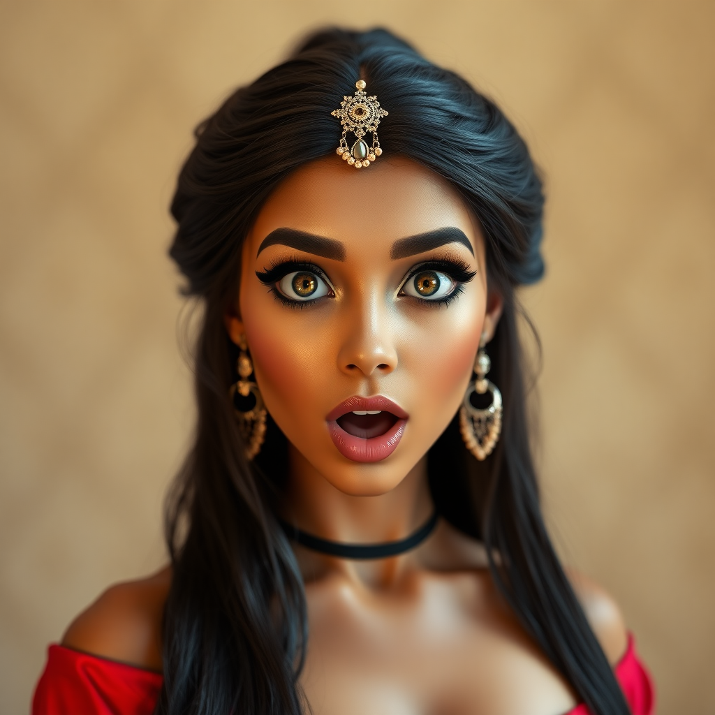 surprised Arabian girl with mouth open. She has very large eyes, black eyeshadow, black eyeliner, fake eyelashes, very tanned skin, very long hair. very high ponytail, princess jasmine, red off shoulder shinny crop top. photo realistic