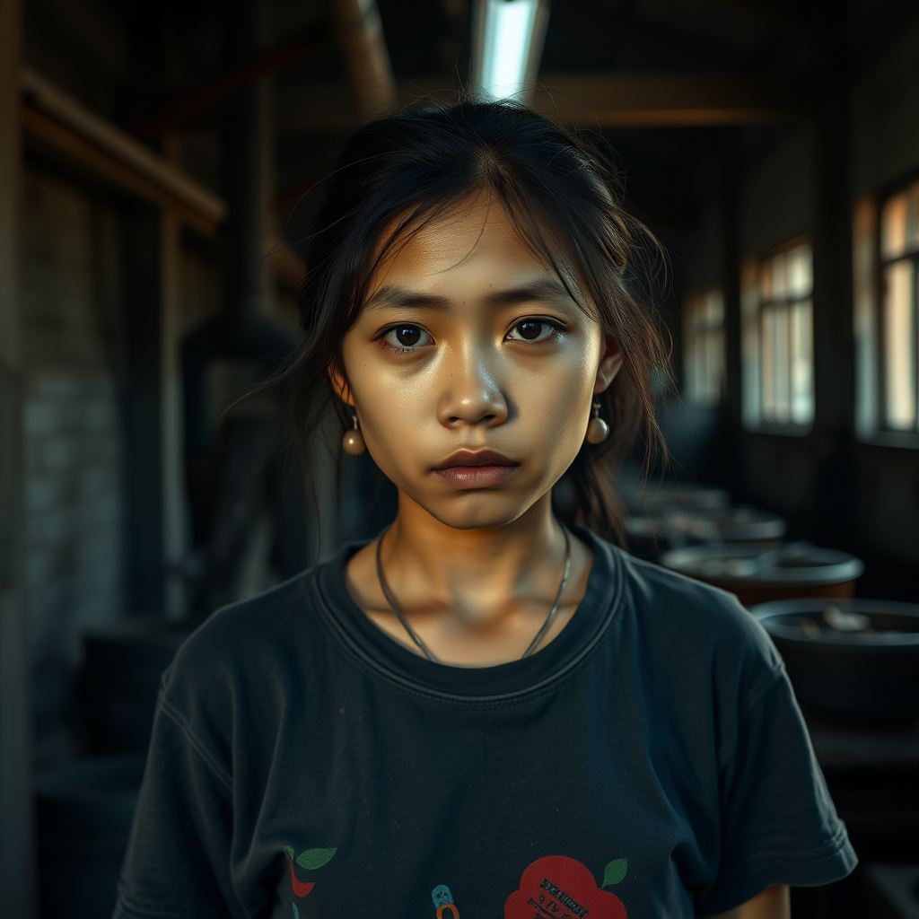 A very sad and hungry Laos Teengirl with a very old T-Shirt in a very dark old and mystery Factory