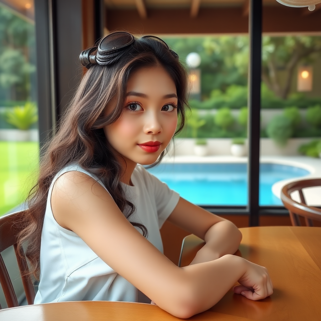 A beautiful 18-year-old Xiaohongshu blogger, with fair skin, big eyes, long curly hair, an oval face, and very thin, sitting in a café, leaning on the table, with green grass and a pool outside the window.