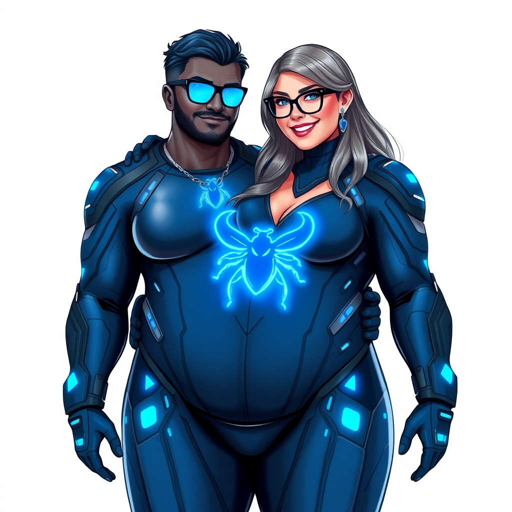 A 28-year-old full-figured computer science major, she is the devoted girlfriend of a vigilante and serves as his dotingly pampered, full-figured, nerdy digital sidekick. She has become a Computer Program hybrid, with a unique, metallic Middle Gray (N5) skin color that blends with her hair, appearing to merge together as computer data. Her neon blue eyes are mesmerizing. Her full figure, especially her prominent, round midsection, shows just how heavily fed and pampered she is, with sequoia-sized limbs and broad shoulders. Her midsection is bloated to emphasize the figure she gained from her pampering.

As a loyal and supportive sidekick, she plays a crucial role in their missions, using her digital prowess to assist and protect. She wears a blue sapphire scarab necklace and blue sapphire earrings, which she received as symbols of their love before his 5-year disappearance. Her digital Maximum Blue (RGB 71, 171, 204) bodysuit features a neon blue glowing beetle chest icon. She is equipped with high-tech features, including holographic displays and integrated hacking tools. She has matching high-tech gloves. She emits neon blue data cubes from her body, set against a solid white background.

Heavily, attentively, and immensely pampered through being well-fed since their reunion, her full figure clearly shows the extent of care she has received. Despite her digital enhancements, she retains her human vulnerabilities, including hunger and sleep, and is not immune to human weaknesses. She has the ability to hack into computers and machines, and her nerdiness is blatantly obvious with her black oversized eyeglasses. Her full figure, especially her gargantuan midsection, is prominently displayed and heavily emphasized. Her outfit, influenced by DC’s Jennifer Knight Phantom Lady, remains distinct.

Despite her boyfriend’s limited resources, she assists in the war on crime by serving as a minicomputer, traveling in a high-tech wristwatch and supercar’s computer system. Using her hacking abilities, she relays crucial knowledge related to missions. She has a beaming smile. She is drawn as if she was in a retro 2D cyberpunk fighting game. Their love for each other is evident.