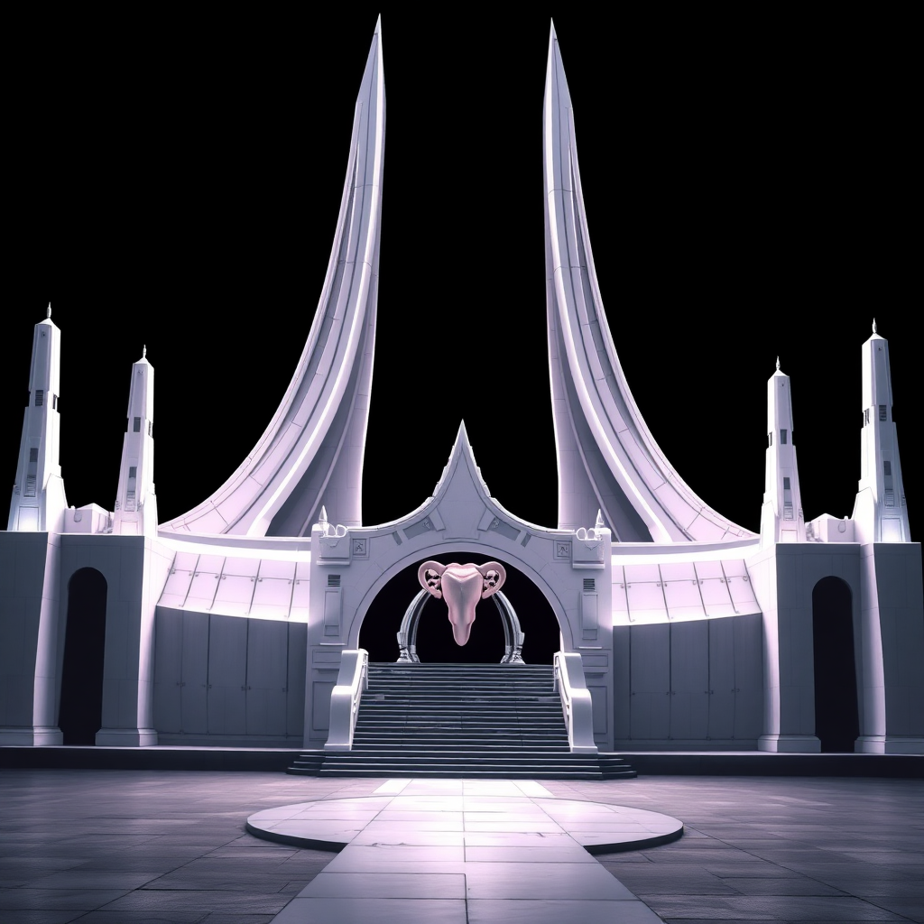 Anime, Black background, a technological-ziggurat large white re-temple, the entrance is shaped to look like a female reproductive system and a vagina