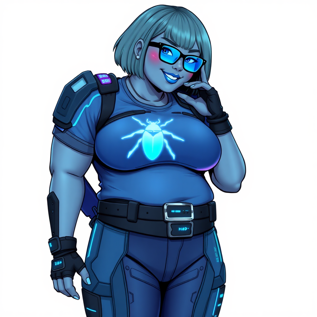 A 28-year-old, full-figured, metallic middle gray (N5) skinned computer program hybrid with a maximum blue bob cut. She has a non-athletic build, highlighted by a prominent, round, large midsection (with emphasis on her belly), which shows the effects of her new love of junk food acquired from her boyfriend. As the full-figured, nerdy, digital sidekick to her cyberpunk vigilante boyfriend, her metallic middle gray skin and maximum blue lipstick (5PB 5/12) emphasize her digital nature. Her skin has a subtle, animated glow, with digital patterns occasionally flickering across it, making her digital nature obvious. She wears a digital, computerized costume, consisting of a huge, tight-fitting, maximum blue t-shirt (5PB 5/12) with a neon blue glowing chest icon of a beetle, hi-tech shoulder pads with neon blue accents, a black hi-tech belt with a digital neon blue glowing buckle, digital maximum blue biker pants (5PB 5/12) with neon blue accents, and black hi-tech fingerless biker gloves with neon blue glowing accents. Her neon blue glowing eyes, black eyeglasses with neon blue glowing lenses equipped with a built-in HUD, and bashful smile with neon red blush accentuate her nerdiness. She stands bashfully with one hand behind her back and the other hand gently touching her cheek, her costume covering all her skin and emphasizing her full-figured physique (especially her belly). She is clearly non-athletic, with a focus on her full-figured physique. Despite her build, she radiates beauty. She has a slim face compared to her physique, accentuating her radiant beauty. She is on a solid white background. She is drawn as if she were in a retro 2D cyberpunk fighting game.