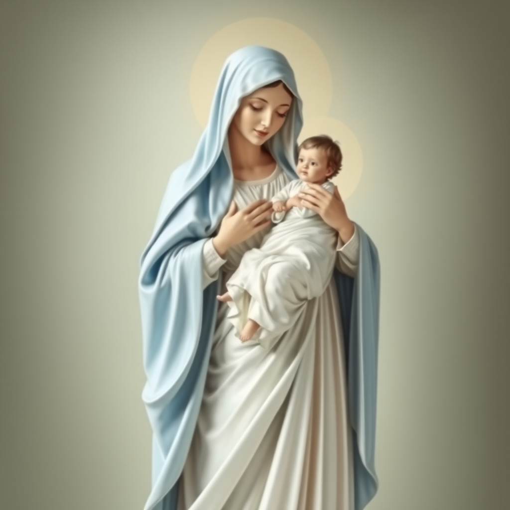 Beautiful Madonna dressed in light blue and white in a long gown holding the baby Jesus in her arms.