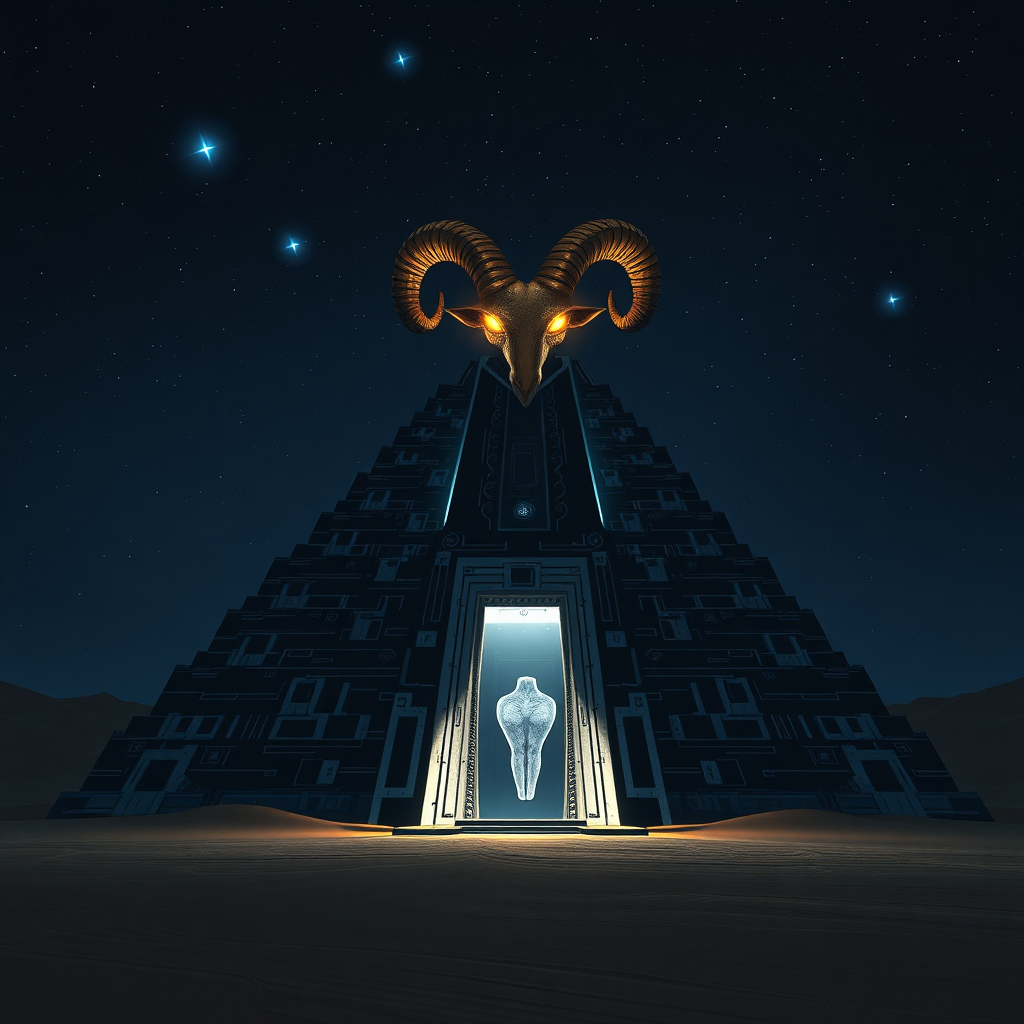 The scene depicts a dark desert at night, illuminated by the seven blue stars of the Pleiades constellation. In the foreground stands a colossal technological ziggurat, reminiscent of an ancient temple, characterized by its striking black and white design. The entrance is uniquely shaped to resemble a female reproductive system, complete with a vaginal form, while atop the structure rests a golden ram's horn, featuring two fiery eyes that seem to glow with intensity.