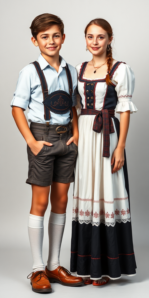 A 11yo teen boy, wearing shirt, very tight booty short lederhosen, tube socks, shoes, long legs, narrow thighs. With a girl wearing traditional floor long dress. full-length view. studio background. Family photo. 1980s. 
photorealistic, ultra high resolution, 16K,
Negative: grainy, blurry, bad anatomy, extra limbs, watermark.