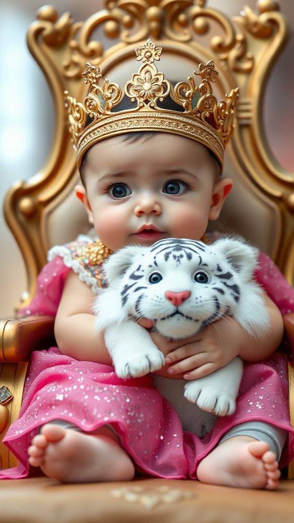 A cute small chubby fair baby with big eyes, pink lips, and pink cheeks wearing a royal sparkling frock, sitting on a throne holding a white fluffy cute tiger.