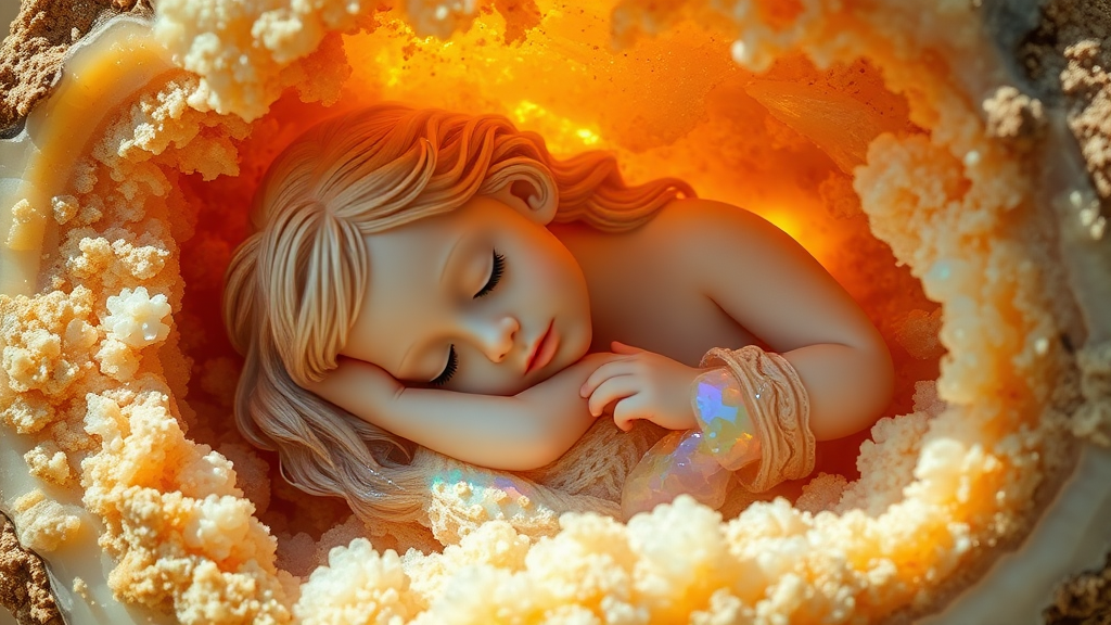 statue of a young girl made of opal sleeping in a geode, high quality photo, intricate environment, ultra-detailed, impressionistic, dynamic composition, artistic photograph, geode, alabaster, fractal, brilliant colors, glittering, sunlight, illumination, transparency, translucent, opal