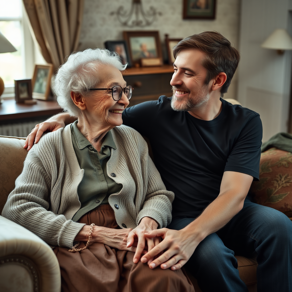 In a scene viewed from an angle and slightly above: In an old-fashioned English living room, a very frail and thin, very elderly English lady with a kind smile, short, thinning white curly hair, wrinkled face, neck and skin, wearing thin framed glasses, an old cardigan, blouse and long skirt is sitting on a sofa with an English man about 40 years old, grey stubble on his chin, brown hair, sitting close next to her on the same sofa, wearing a black T-shirt and dark blue jeans. The man and woman are smiling at each other. The woman is looking at the man's eyes and smiling. The man is looking at the woman's eyes and smiling.