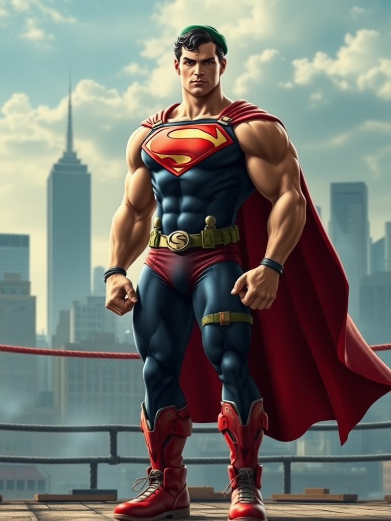 Create a full-length image of Superman with the body attributes of Cammy from Street Fighter. Maintain Superman's original head and facial features, but modify his physique to reflect Cammy's athletic build, emphasizing a defined torso, toned arms, and strong legs. Incorporate Superman's classic costume, adding embellishments like tactical straps and accents inspired by Cammy, such as a green beret and combat boots. The background should blend elements of the Metropolis skyline with a fighter’s arena, showcasing both characters’ universes. Ensure the lighting is dynamic, highlighting the character’s muscular physique and blending both heroic and combat aesthetics.