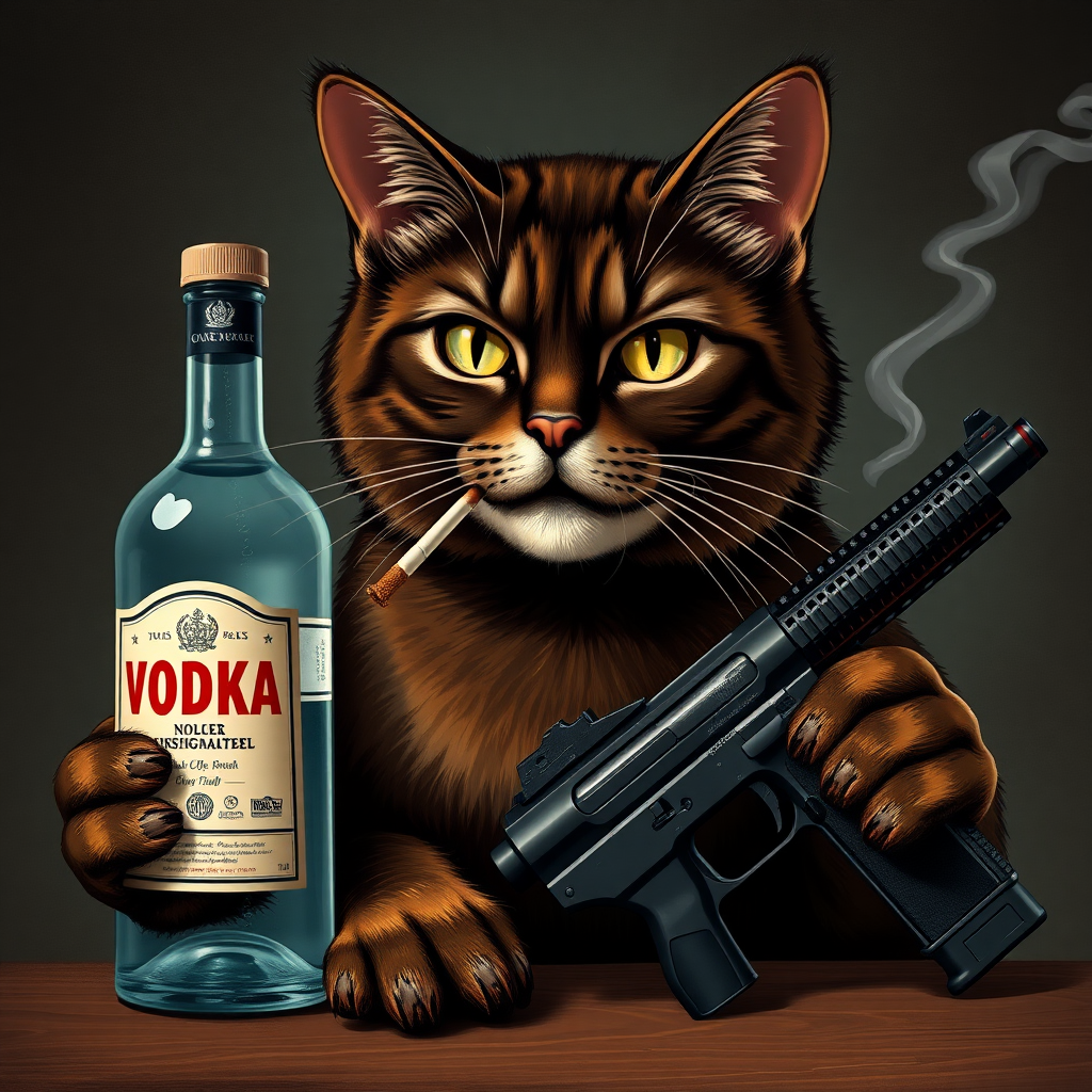 A dark brown cat with a bottle of vodka, a gun, and a cigarette in its mouth.