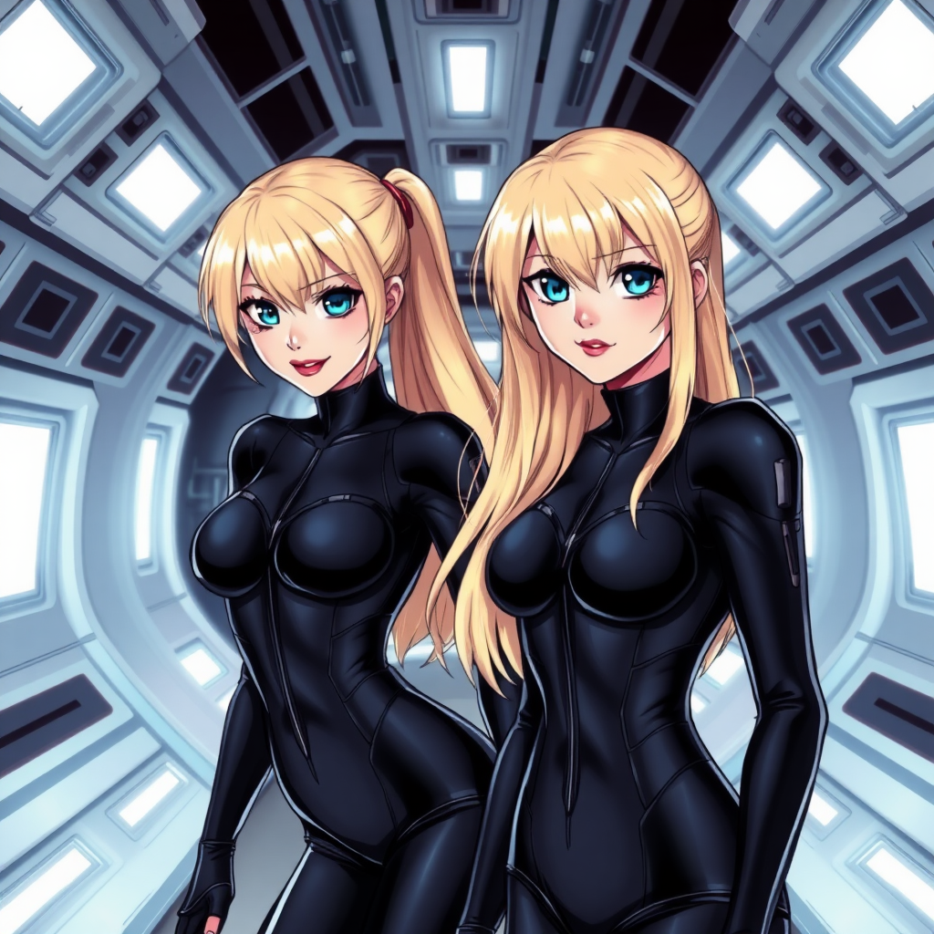 (Anime Styled Art) background of white-black spacecraft interior, 2 beautiful but cold blond-haired big blue-eyed females, enigmatic wicked smile, they are wearing one-piece skintight sci-fi black suits, red lips