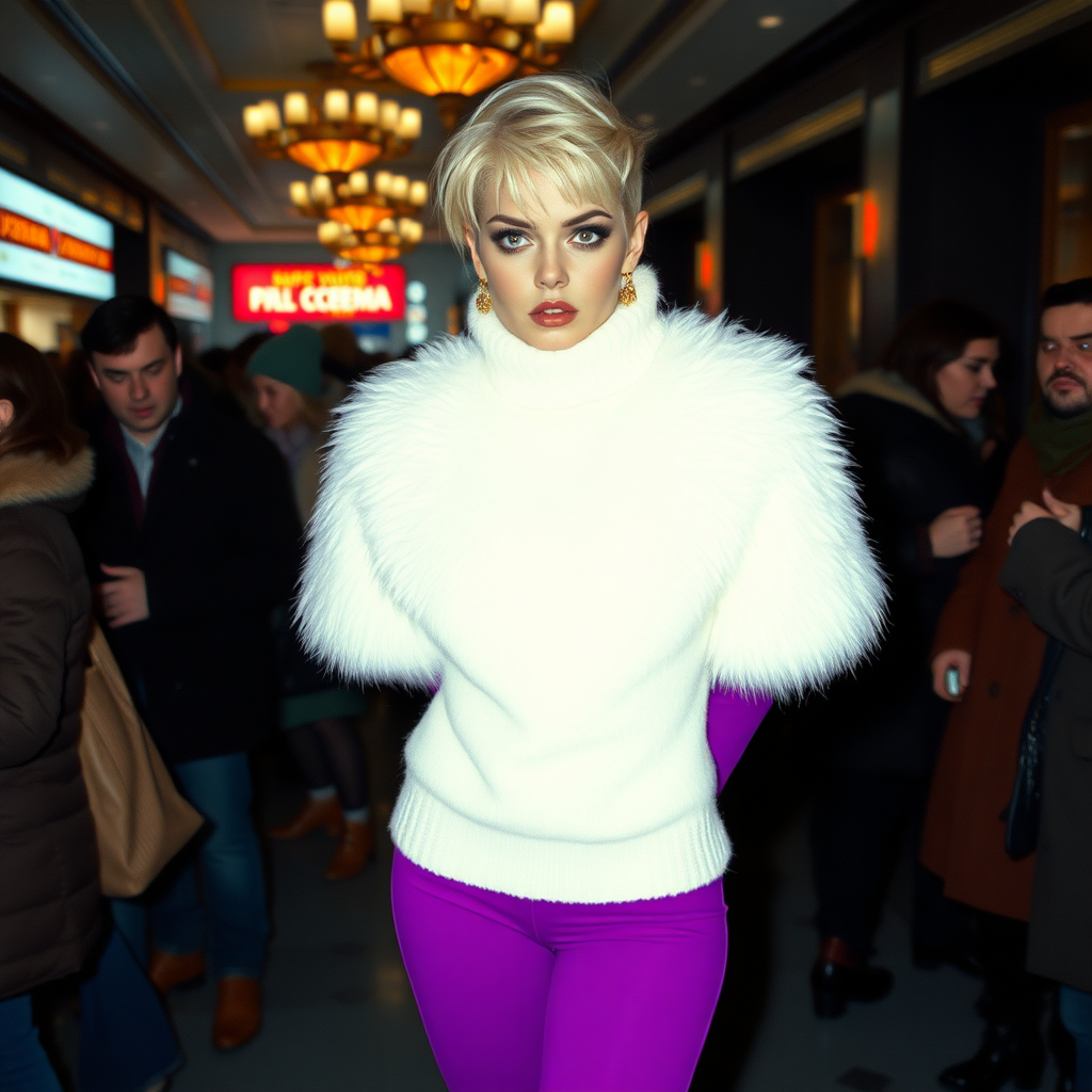 1990 winter evening, crowded cinema lobby: Sam, 19 years old beautiful involuntary femboy, rebellious intractable character, petite boyish figure, platinum blond boyish rebel punk hairstyle, flawless heavily made-up face with sharp arched tattooed eyebrows, wearing Supertanya-style fluffy very fuzzy bright white angora thigh-length turtleneck-poncho fully covering body and arms, purple stretch pants, black leather high-heeled pumps, gold earrings, puzzled alarmed, pout serious, impatiently waiting for her master. Full view, focus on Sam’s face and turtleneck-poncho.