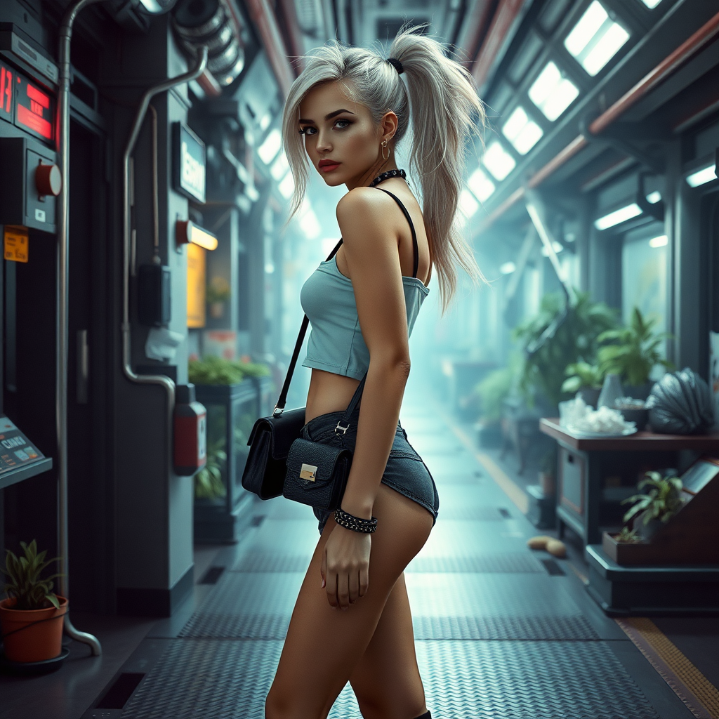 A full body shot of a pretty girl like (Ana de Armas). Pale, freckles, eyeliner, messy long white hair in a ponytail. Crop top, Cyberpunk 2077, space station, crop terrarium, high heel ankle boots, collar, purse and jewelry. Lips slightly parted. Photorealistic digital matte painting, soft focus, film grain, lens flare. She is walking away from the camera.