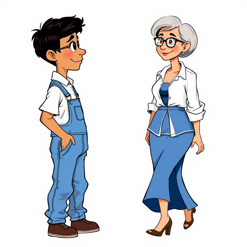 20 year old european skinny boy wearing work coveralls is blushing excited while looking at a towering 55 Years old, European, Latina, sharp aquiline nose, wrinkles, high cheekbones, Middle Eastern, Skinny, Tanned skin, Dark light skin, Rounded Medium breasts, Skinny thighs, full Makeup, jewelry, Serious face, Sharp nose, blushing, Ash hair, short bowl haircut, Brown eye color, Glasses, with detailed features. swaying hips, She is walking away, she is wearing an open white shirt and a blue slit skirt, detailed fabric.  full body, high heels sandals, long establishing shot, 2D, caricature, cartoon, Sketch lines, coloring book, coloring book style on white background, well composed, clean coloring book page, No dither, no gradient, strong outline, No fill, No solids, vector illustration, movement lines. back side view