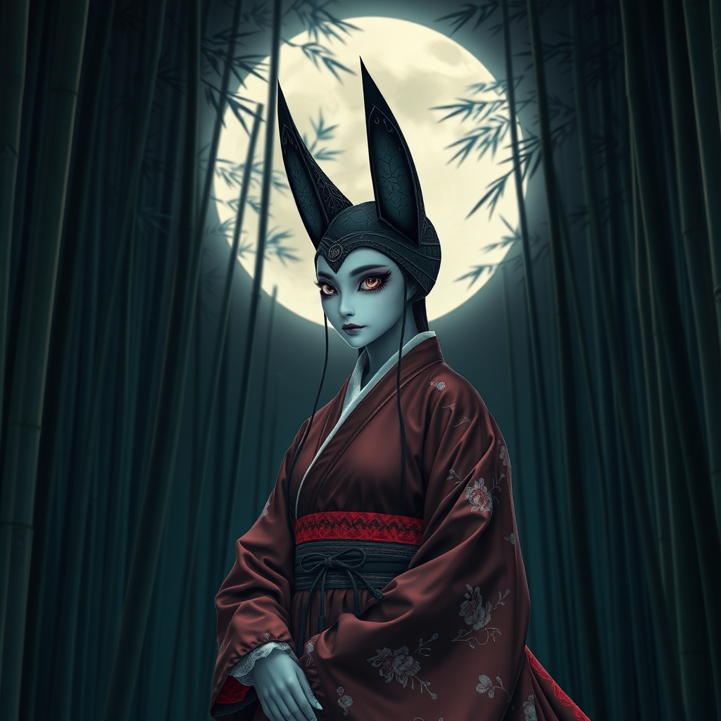 A Korean eerie-looking kitsune Woman in an ancient Hanbok in front the full moon in a bamboo forest