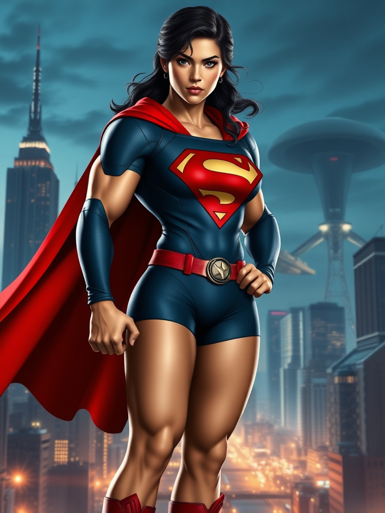 Generate a full-length photorealistic image of a unique character named Super Lee. This hybrid superhero should comprise celebrated comic character Superman's familiar features including his black wavy hair, strong jawline, blue eyes and a red cape, with the body characteristics of Chun-Li from Street Fighter. Super Lee's physique should display Chun-Li's empowering physical traits including her strong muscular legs, prominent toned arms, and agile and sturdy build. Emphasize the fusion of these iconic figures by including Superman's emblematic 'S' logo on a sporty female top similar to what Chun-Li wears. The character is to have a confident and vigilante stance expressing the combined power of both iconic figures. For the background, create an evening cityscape depicting Metropolis, showing towering skyscrapers, glowing city lights, and a hint of an alien invasion to tie into Superman's narrative.