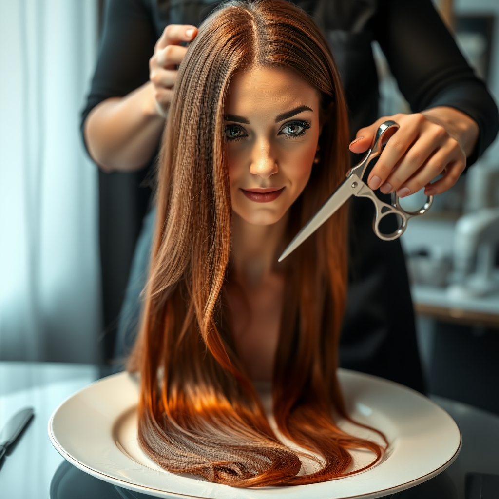 In a bizarre, surreal tableau, the polished surface of an elegant dining plate cradles the disembodied head of a strikingly beautiful Kate Middleton, her long, flowing hair cascading like a glossy waterfall of deep chestnut and honey highlights. The hair is luxuriously arranged, strands shimmering under the soft, ambient light that bathes the scene in an ethereal glow.

A skilled hairdresser, clad in a sleek black apron, stands poised with a pair of gleaming scissors, carefully trimming the endlessly luxurious locks that frame Kate's serene, almost ethereal features. The air is thick with the scent of salon products mingling with delicate hints of floral fragrances, creating an unusual yet strangely inviting atmosphere. The hairdresser's focused expression reveals a meticulous dedication as snippets of hair fall gracefully onto the pristine plate, echoing a sense of both artistry and absurdity.

The overall emotional tone conveys a dreamlike quality, inviting viewers to ponder the juxtaposition of beauty, identity, and the bizarre circumstances that bind them in this extraordinary moment.