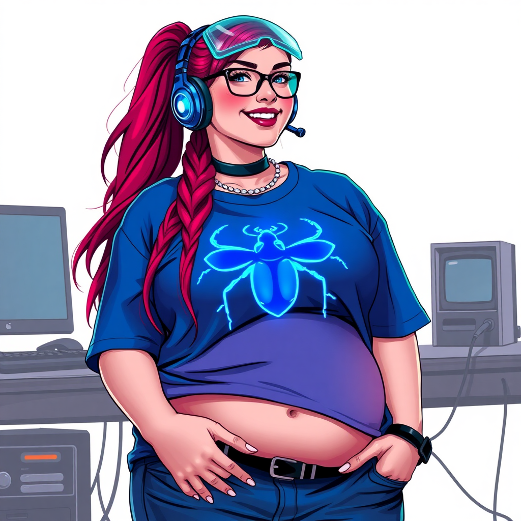 A cyberpunk vigilante’s full-figured intelligent and tech-savvy 29-year-old girlfriend, who is a computer hacker and tech genius. She has a long ruby red ponytail and bright blue eyes. She wears a sapphire beetle gemstone necklace, and an oversized maximum blue t-shirt featuring a giant neon blue glowing icon of a beetle on its chest. She has a full-figured physique with a prominently, gargantuan, well-rounded midsection, reflecting her well-cared-for lifestyle. The midsection is heavily emphasized. She sports a sapphire headset with hi-tech maximum turquoise lensed HUD visor, black eyeglasses, and a beaming smile with a passionate bright red blush. Despite her figure and a lack of self-esteem, she radiates an air of beauty. She has a slim face which contributes to her radiant beauty. She serves as his tech expert from his hideout, dutifully working at her workshop with a computer desk and tool bench. The background is solid white. She is drawn as if she was in a retro 2D cyberpunk fighting game. Ensure her shirt covers her midsection.